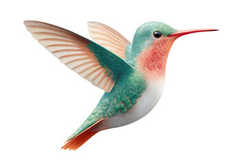 Colorful hummingbird in flight with detailed plumage, cut out