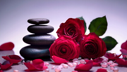 Still Life Featuring Three Crimson Roses Scattered Petals And Healing Stones