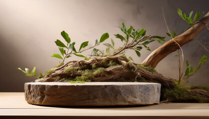 Natural Product Layout With Root Covered Stone Pedestal