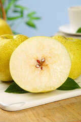 Fresh Dangshan Pears from Anhui China - White Crown Pear Collection Sliced on Plate