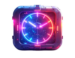  Futuristic 3D Square Wall Clock with Neon Holographic Time Display, isolated on transparent background PNG