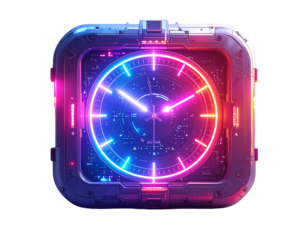  Futuristic 3D Square Wall Clock with Neon Holographic Time Display, isolated on transparent background PNG