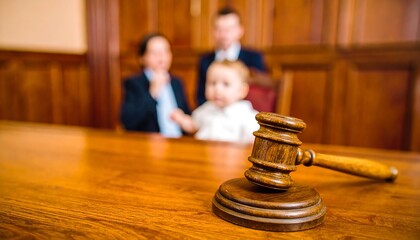 A wooden gavel sits on a polished wooden table, in front of blurred figures, suggesting a courtroom setting.