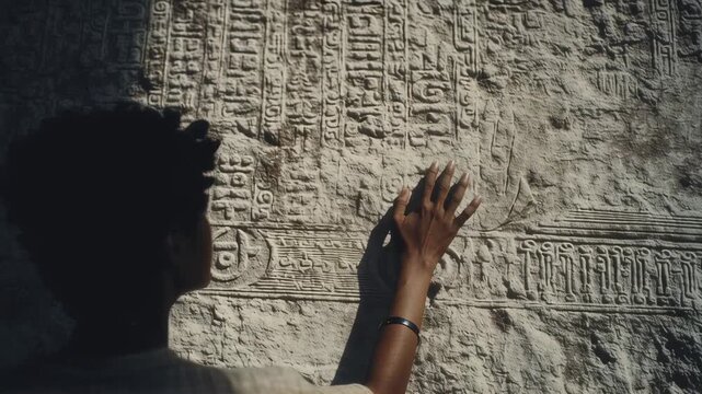 Ancient hieroglyphics and symbols carved in stone wall. Archaeologist's hand tracing engravings. Historical discovery in Egypt. Archaeological excavation site.