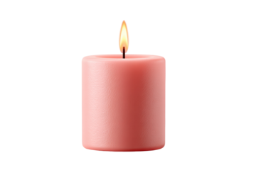 Glowing pink candle with burning flame on black background, cut out