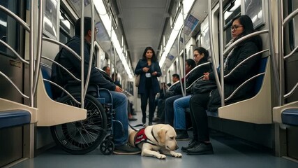 Inclusive urban transit scene: Man in wheelchair with guide dog on subway with passengers