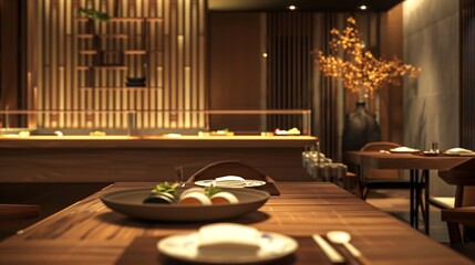 Elegant modern Japanese fine dining restaurant interior minimalistic wooden dcor ambient warm...