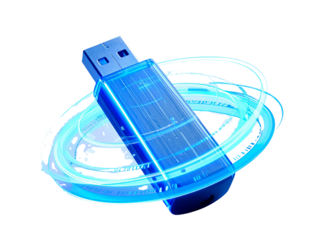 Futuristic 3D USB Flash Drive with Neon Glow and Floating Digital Data Streams, isolated on transparent background PNG