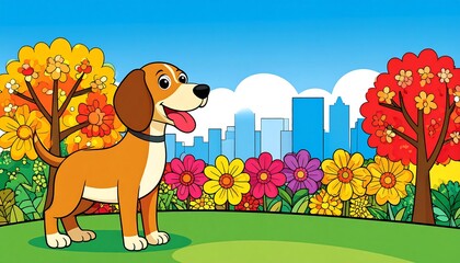 Cheerful beagle dog enjoys a colorful park scene with autumnal trees and vibrant flowers, set against a backdrop of city buildings.