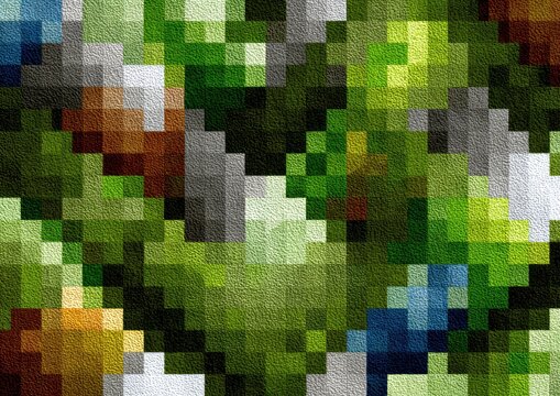 Abstract pixelated pattern of vibrant greens, browns, grays, and blues