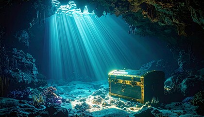 Sunken Treasure Chest Beams of Light in Underwater Cave