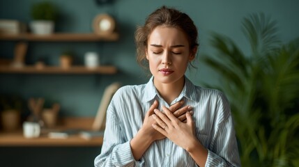Caucasian young woman feeling anxious and holding her chest in a calm home environment