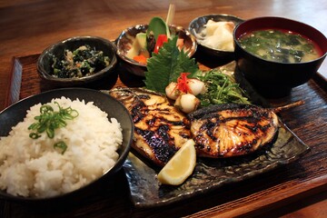 Freshly grilled Japanese yakizakana grilled fish served rice pickles and miso soup styled in a balanced washoku presentation