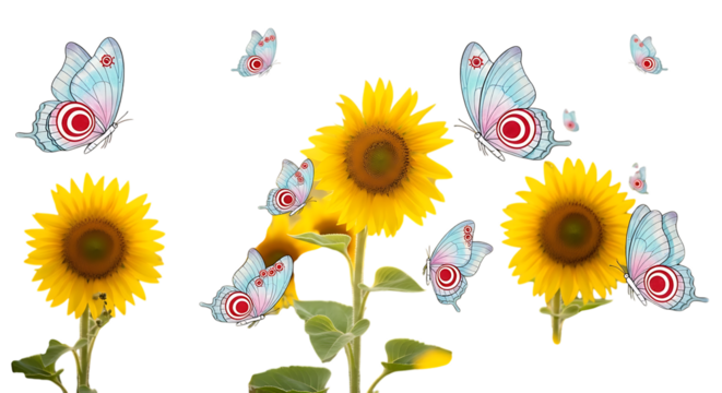 A vibrant composition featuring sunflowers and butterflies isolated on transparent background, creating a cheerful and whimsical scene that captures the beauty of nature and the delicate dance of poll