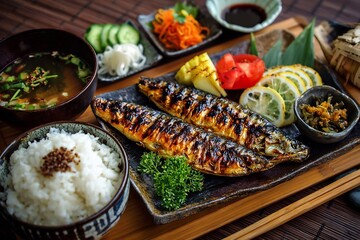 Freshly grilled Japanese yakizakana grilled fish served rice pickles and miso soup styled in a balanced washoku presentation