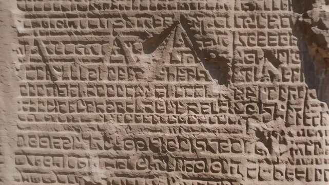Ancient stone tablet with cuneiform writing, archeological excavation site in desert mountains. Historical artifact from Mesopotamian civilization, decoding past