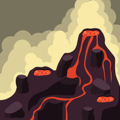 Volcano eruption. Vector illustration of beautiful volcano eruption with clouds of smoke and lava flows. Perfect interior room poster children book image game design. EPS 10
