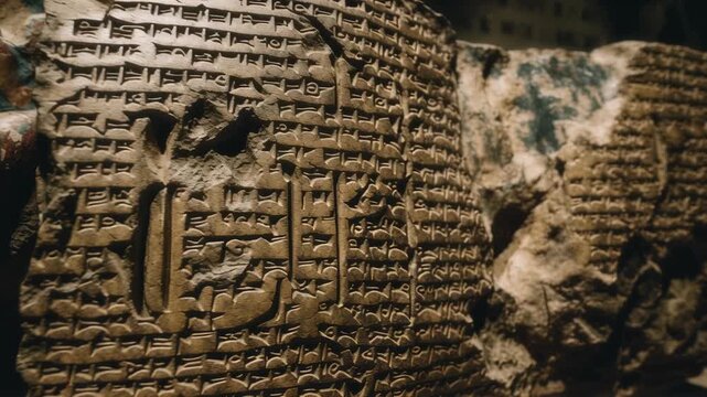 Ancient Mesopotamian clay tablets with cuneiform writing. Archeological artifacts from Sumerian or Babylonian civilization. Historical discovery of early writing system.