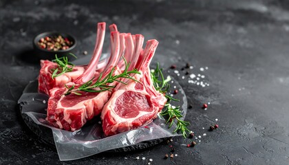 Raw Lamb Ribs with Rosemary and Spices on Dark Background.
