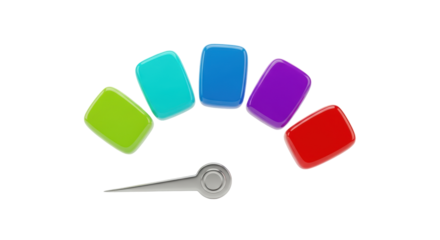 Isolated speedometer with five colored blocks, ranging from green to red, showing different levels