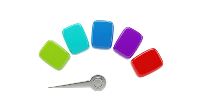 Isolated speedometer with five colored blocks, ranging from green to red, showing different levels