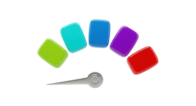 Isolated speedometer with five colored blocks, ranging from green to red, showing different levels