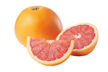 Freshly cut ruby red grapefruit fruit isolated on a solid transparent background with healthy citrus