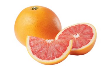 Freshly cut ruby red grapefruit fruit isolated on a solid transparent background with healthy citrus