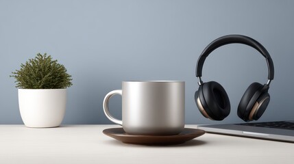 Cozy work from home setup, coffee, headphones, and desk essentials for productivity