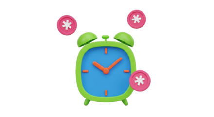 Isolated cute alarm clock with time symbols, stylized 3D cartoon, graphic design concept