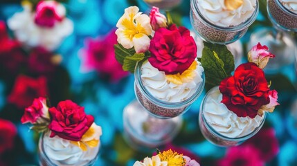 Exquisite Dessert Jars with Roses, Flowers, and Whipped Cream, Artistic Composition.