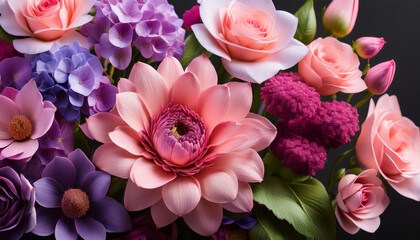 Vibrant Floral Arrangement With Pink And Purple Blossoms On Green Stem