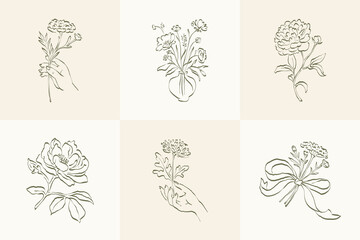 Botanical, Minimal plant flower, hand drawn sketch drawing,  vector illustration