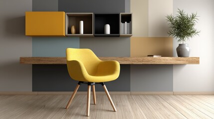 Rustic home office, yellow chair and wooden desk in warmly lit workspace cozy