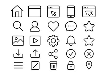 Web and mobile app UI line icon set. User interface navigation and social media pictogram collection. Minimalist linear symbols for website design. Editable stroke vector pack.