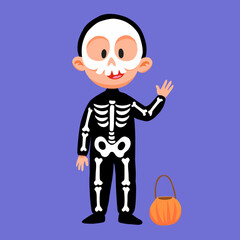 A cheerful cartoon illustration of a boy wearing a skeleton costume and a skull mask, holding a pumpkin candy bucket. This image is perfect for Halloween, trick-or-treating, and spooky themes for kids
