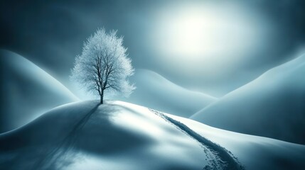 Lone Winter Tree on Snowy Hill, Dramatic Lighting, Serene Landscape.