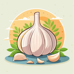 Garlic Bulb with Cloves and Leaves Against a Sunset Background