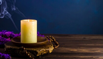 A soft, pale yellow candle, smoke rising, sits on a dark wooden surface, surrounded by purple flowers and brown beads, creating a serene and tranquil atmosphere.