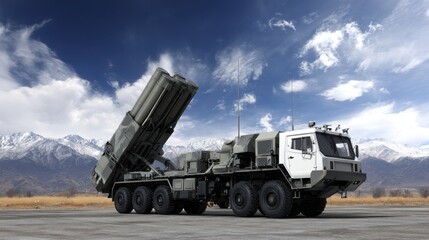Military Vehicle Launching System with Mountains and Blue Sky