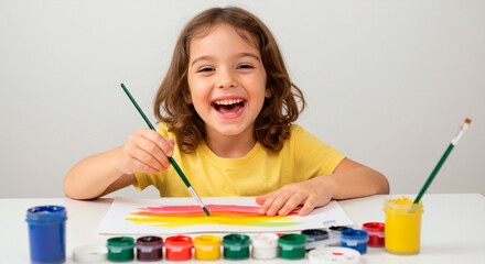 Smiling child painting a drawing with vibrant colors