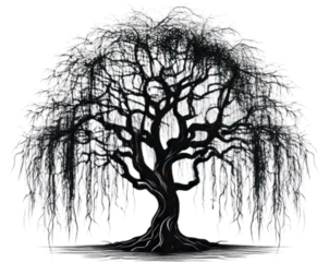 Minimalist Black Willow Tree Silhouette with Fine Line Branches PNG