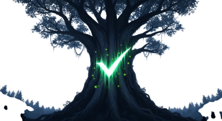 A majestic old tree stands tall, its branches reaching towards the sky, with a glowing green checkmark symbol superimposed on its trunk, isolated on transparent background a symbol of natures approval