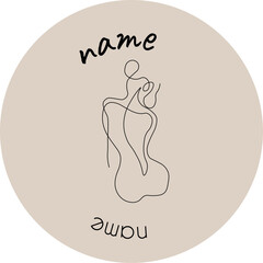 Minimalist feminine logo with line art woman silhouette in beige circle badge