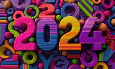 A vibrant, colorful 3D rendering of the year 2024, surrounded by various abstract shapes and numbers.  The numerals are styled with a striped texture