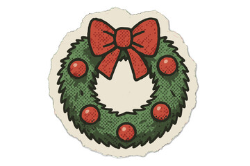 Christmas wreath halftone collage sticker. Torn out paper scrap from magazine. Retro vector cartoon illustration for holiday decoration. Festive cutout with red bow and berries.