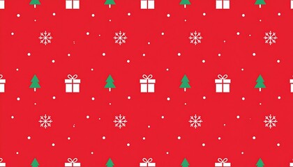 Festive Christmas pattern featuring repeating gift boxes, Christmas trees, snowflakes, and dots on a bright red background.