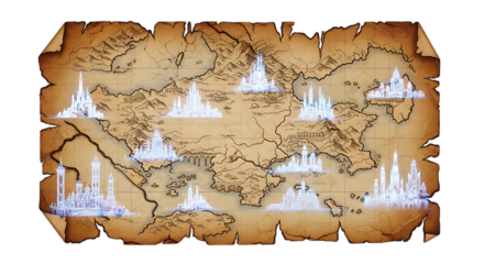 An old fantasy map with ice castles on a transparent background, isolated on transparent background the map is aged and has a parchmentlike texture, with intricate details of the land and the majestic