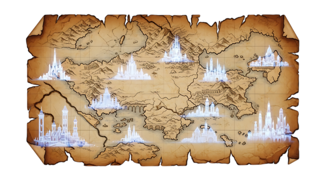 An old fantasy map with ice castles on a transparent background, isolated on transparent background the map is aged and has a parchmentlike texture, with intricate details of the land and the majestic