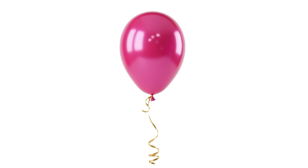 Isolated pink balloon floating with curly gold ribbon, party decoration for celebration